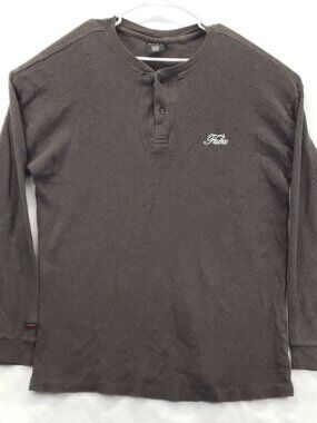 FUBU Henley Sweater Mens XL Brown 100% Cotton Embroidered Long Sleeve Pullover